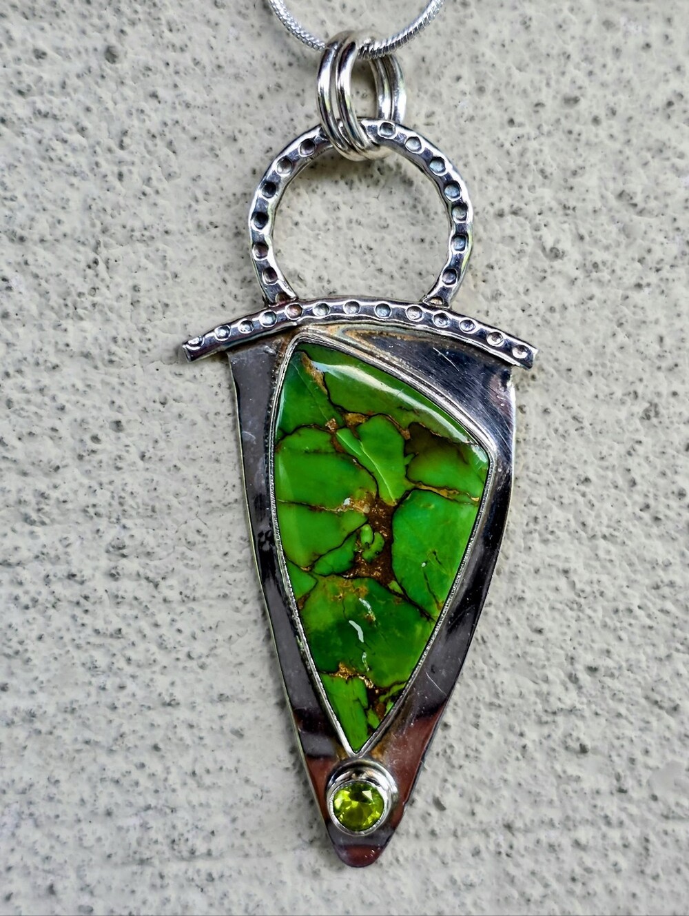 Copper Green Turquoise w/ Peridot Gemstone Pendant In 925 Sterling Silver (2.7")